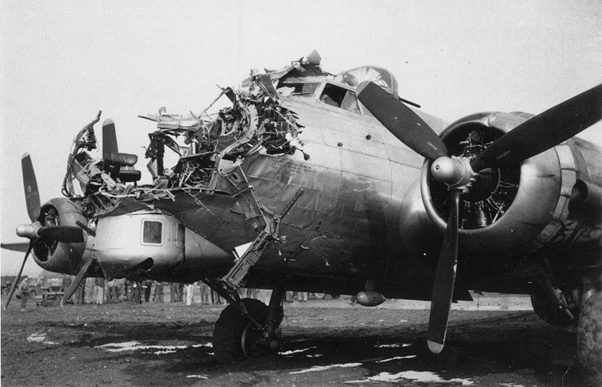 1st Lt. Lawrence DeLancey's crippled B-17 at Nuthampstead October 15, 1944 